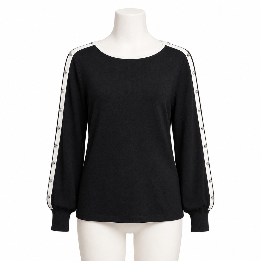 Soft Surroundings Sweater Womens S Black White Trim Snap Sleeve Boat Neck Casual